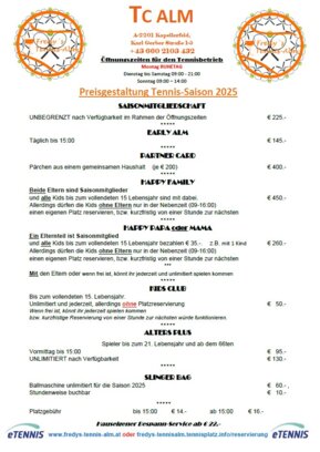 Preisgestaltung Tennis-Saison 2024 Fredy's Tennis-Alm