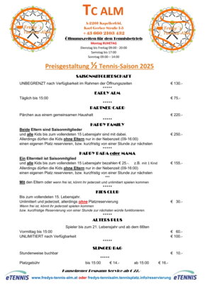 Preisgestaltung Tennis-Saison 2024 Fredy's Tennis-Alm